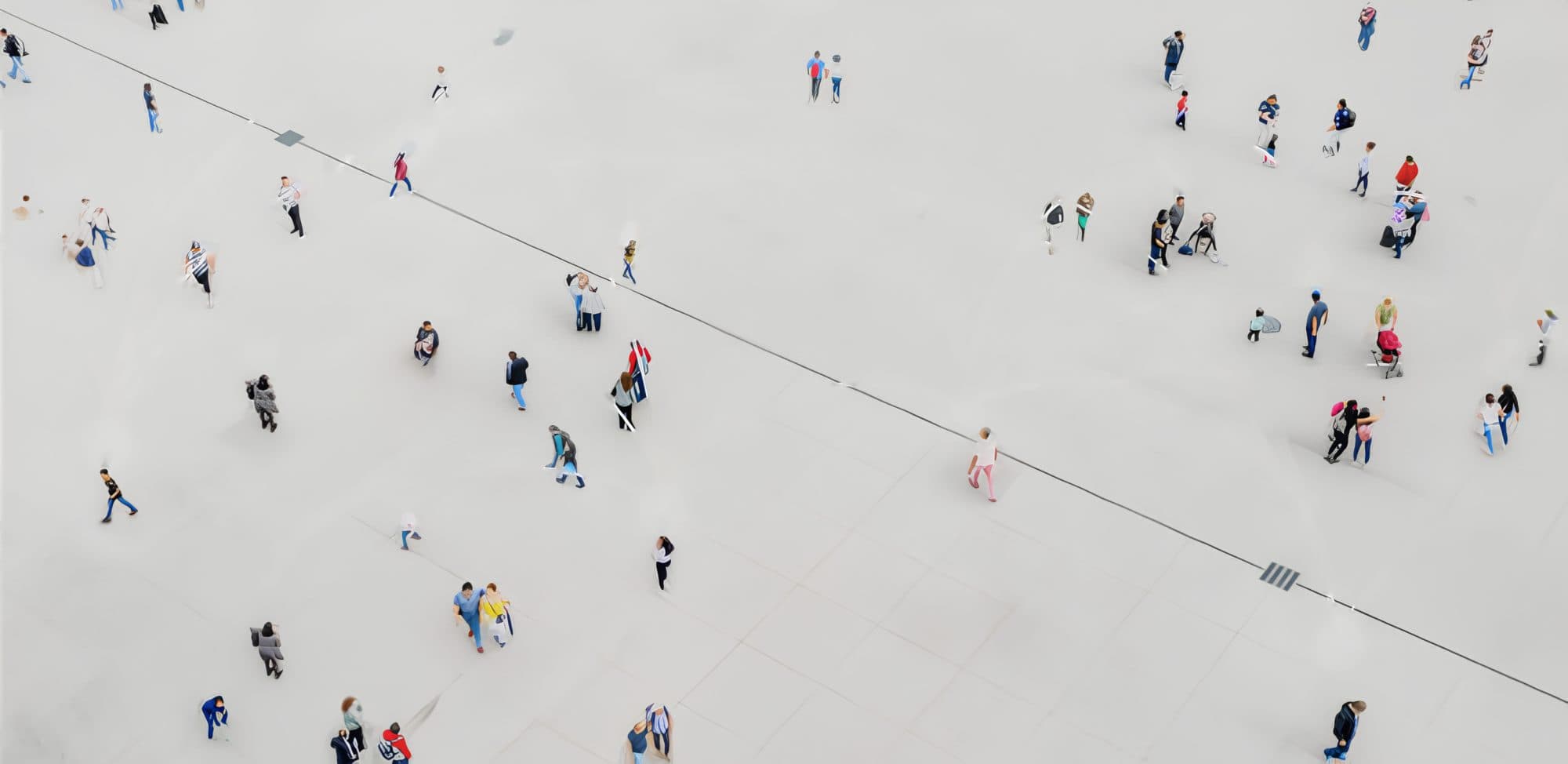 People crossing a wide plaza, seen from above, linked to one another by drawn lines