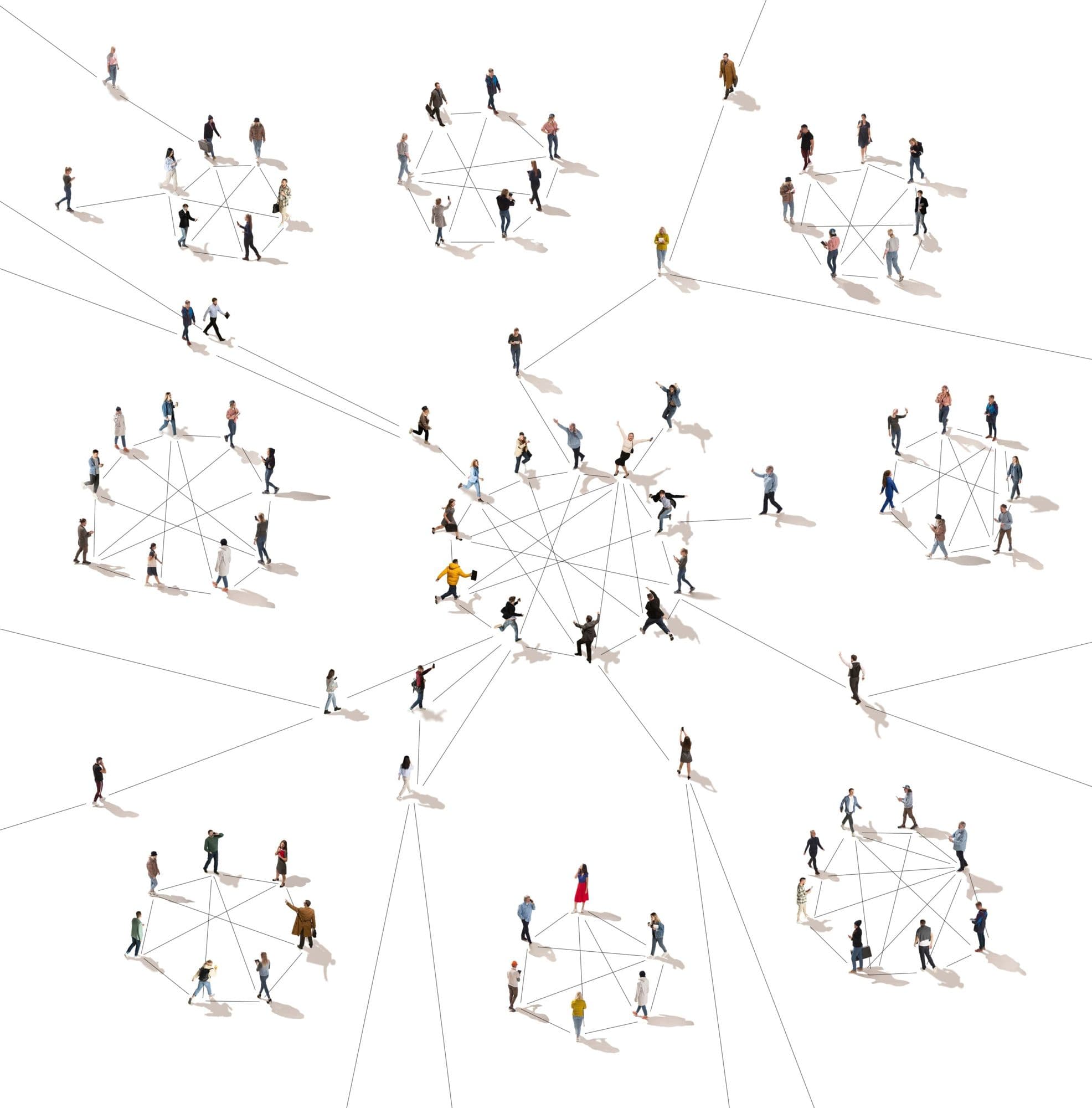 Small groups of people across a white plane, linked by thin lines